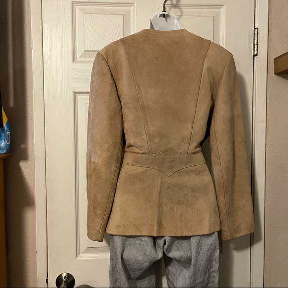 Leather Craft Process Of America Tan Suede One Button Belted Blazer Jacket - Picture 6 of 10
